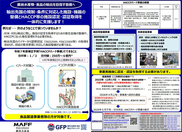 食品産業の輸出向けHACCP等対応施設整備事業 リーフレット